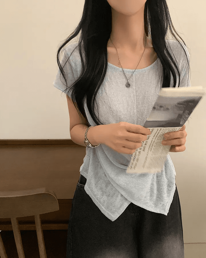 빅 사이즈 여성 의류 여름 라운드 넥 대나무 마디 면 얇은 스타일 디자인 센스 십자가 표지 고기 루즈핏 다용도 티셔츠 상세 이미지 3