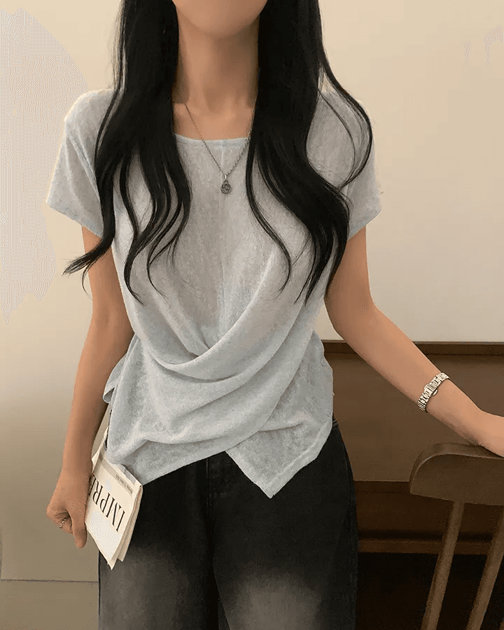 빅 사이즈 여성 의류 여름 라운드 넥 대나무 마디 면 얇은 스타일 디자인 센스 십자가 표지 고기 루즈핏 다용도 티셔츠 상세 이미지 4