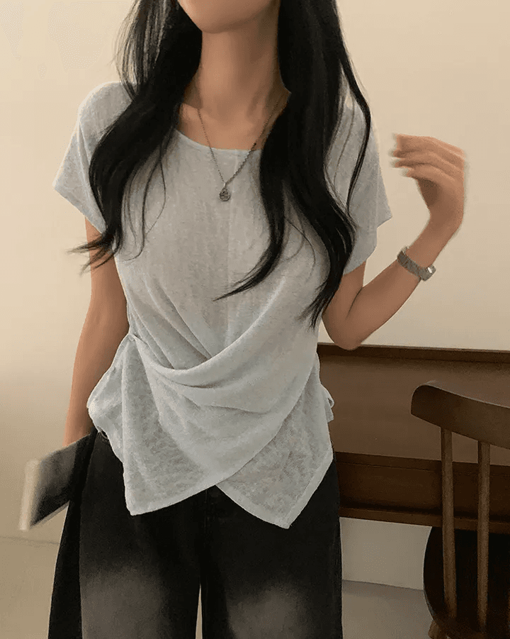 빅 사이즈 여성 의류 여름 라운드 넥 대나무 마디 면 얇은 스타일 디자인 센스 십자가 표지 고기 루즈핏 다용도 티셔츠 상세 이미지 5