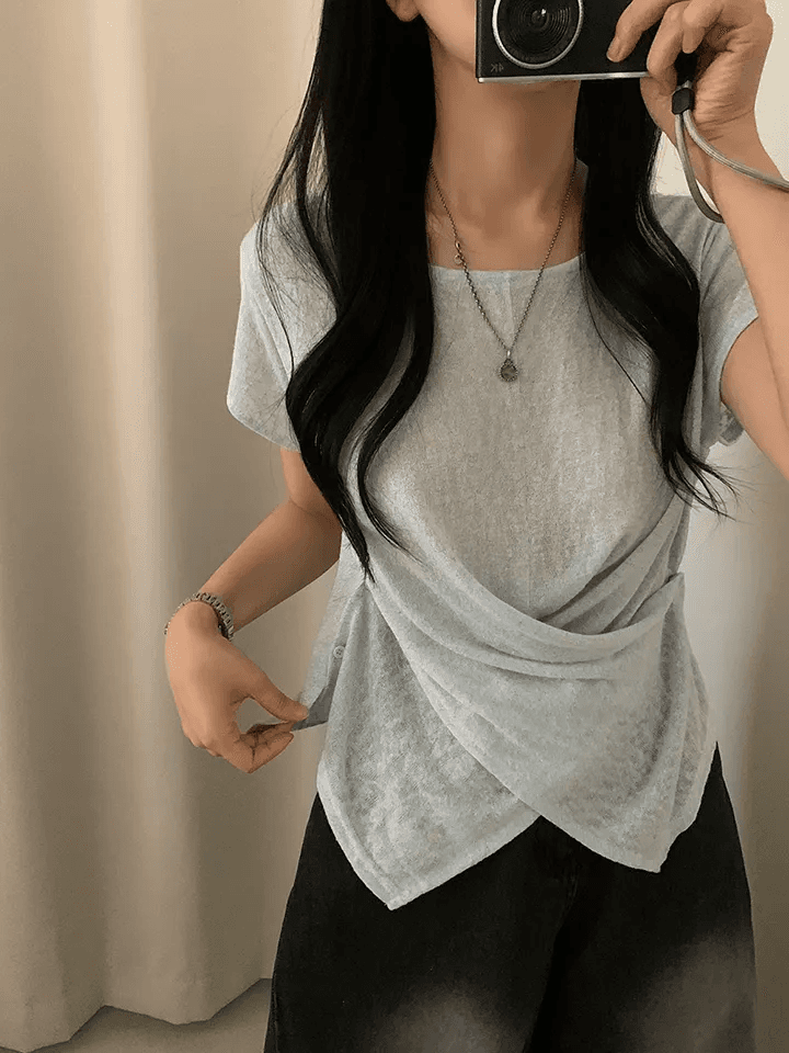 빅 사이즈 여성 의류 여름 라운드 넥 대나무 마디 면 얇은 스타일 디자인 센스 십자가 표지 고기 루즈핏 다용도 티셔츠 상세 이미지 6