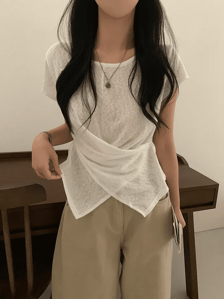 빅 사이즈 여성 의류 여름 라운드 넥 대나무 마디 면 얇은 스타일 디자인 센스 십자가 표지 고기 루즈핏 다용도 티셔츠 상세 이미지 12