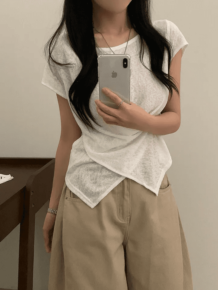 빅 사이즈 여성 의류 여름 라운드 넥 대나무 마디 면 얇은 스타일 디자인 센스 십자가 표지 고기 루즈핏 다용도 티셔츠 상세 이미지 13