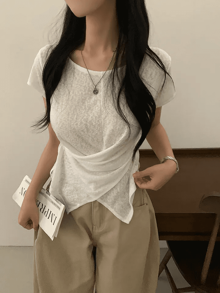 빅 사이즈 여성 의류 여름 라운드 넥 대나무 마디 면 얇은 스타일 디자인 센스 십자가 표지 고기 루즈핏 다용도 티셔츠 상세 이미지 14