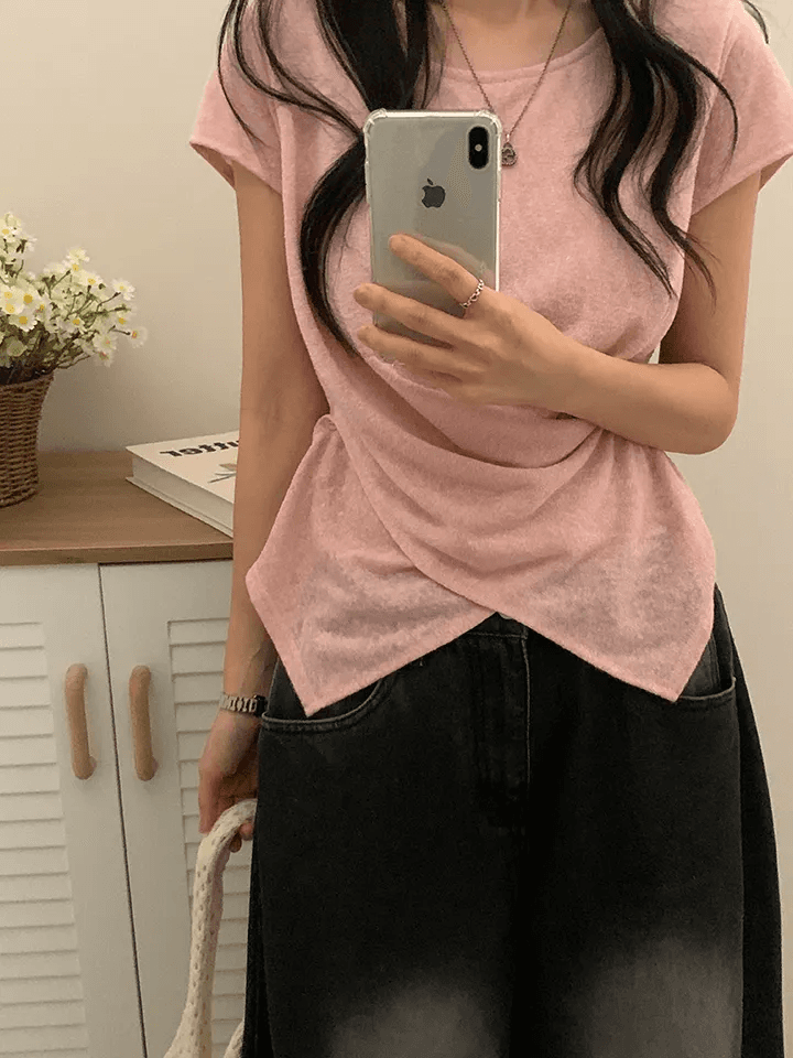 빅 사이즈 여성 의류 여름 라운드 넥 대나무 마디 면 얇은 스타일 디자인 센스 십자가 표지 고기 루즈핏 다용도 티셔츠 상세 이미지 18
