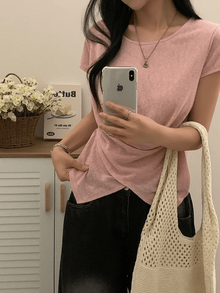 빅 사이즈 여성 의류 여름 라운드 넥 대나무 마디 면 얇은 스타일 디자인 센스 십자가 표지 고기 루즈핏 다용도 티셔츠 상세 이미지 19