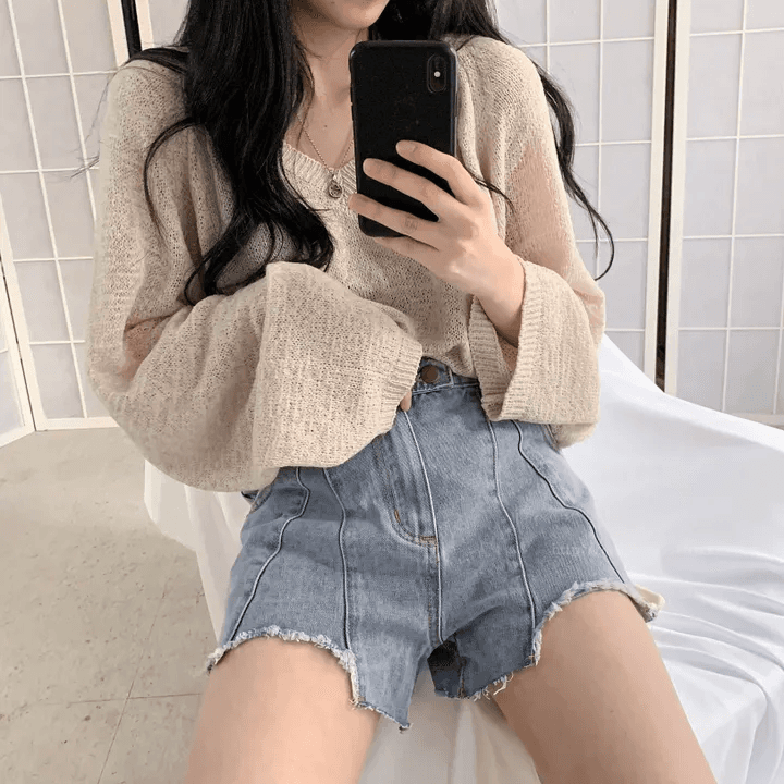 지금 재고 있음 빅 사이즈 지방 mm 한국 chic 캐주얼 루즈핏 V넥 니트 느긋한 다용도 긴팔 자외선 차단 맨위 이미지 4