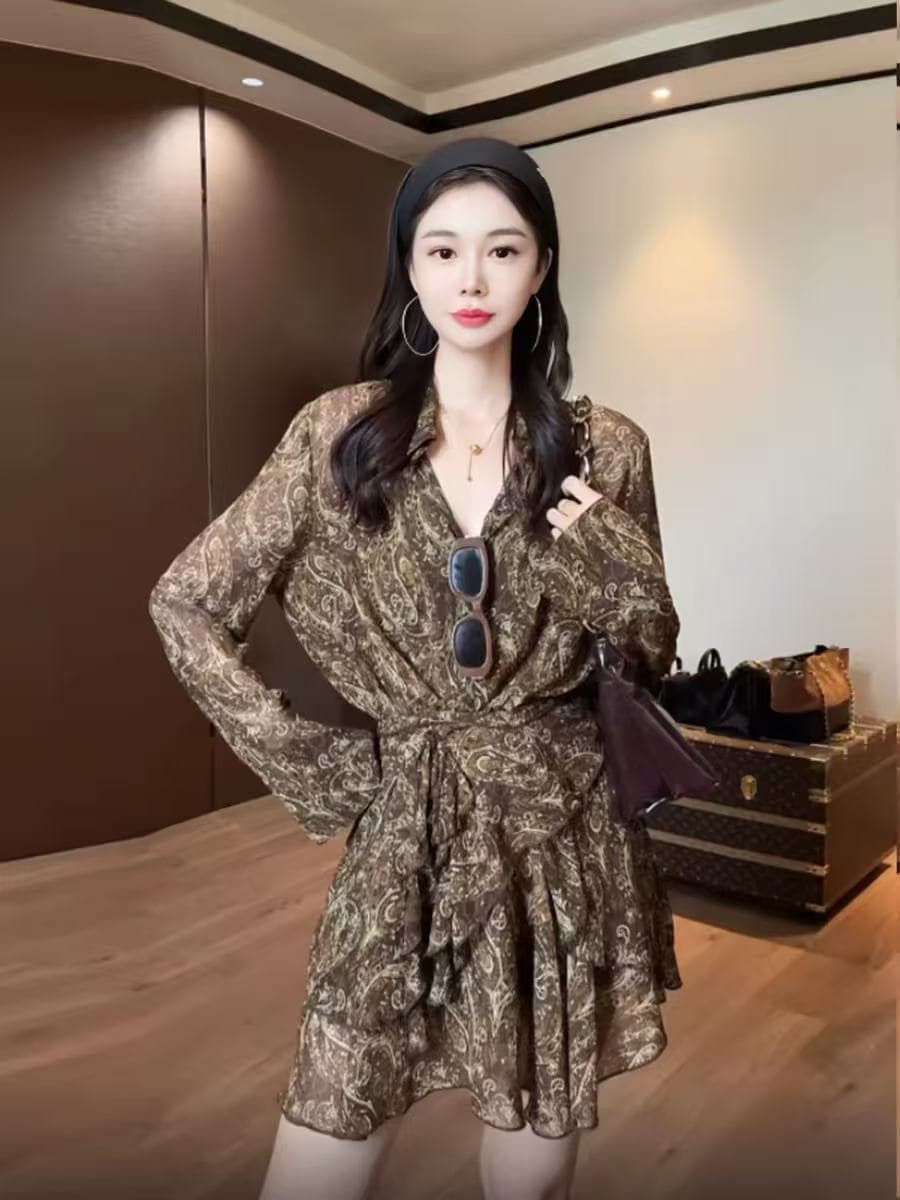 2026 가을 새로운 한국 스타일 패션 다용도 프린트 긴팔 여성 드레스 루즈핏 셔츠 치마 슬림해 보이는 레트로 상세 이미지 5