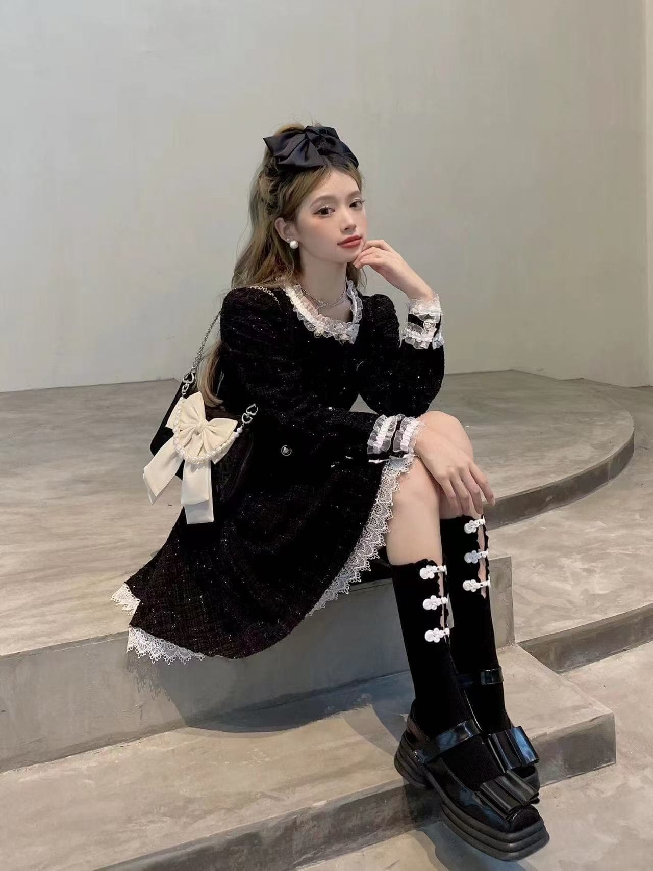 moximoxi 오스트리아 리 그는 벤 검정색 작은 샤넬 스타일 레트로 프릴 단추 두꺼운 뭐라구? 드레스 달콤한 차가운 상세 이미지 3