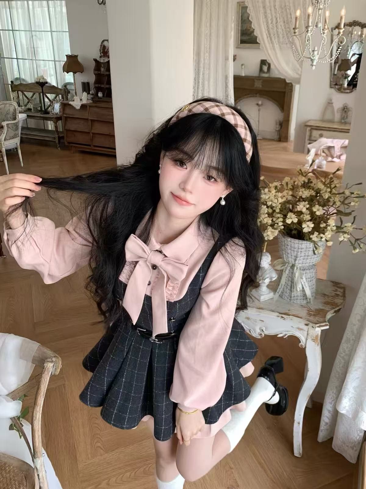 blovelan 안개 블루 꽃 기둥 소녀 센스 나비 매듭 셔츠 체크무늬 모직 허리 수축 퍼프 여성 드레스 봄 이미지 2