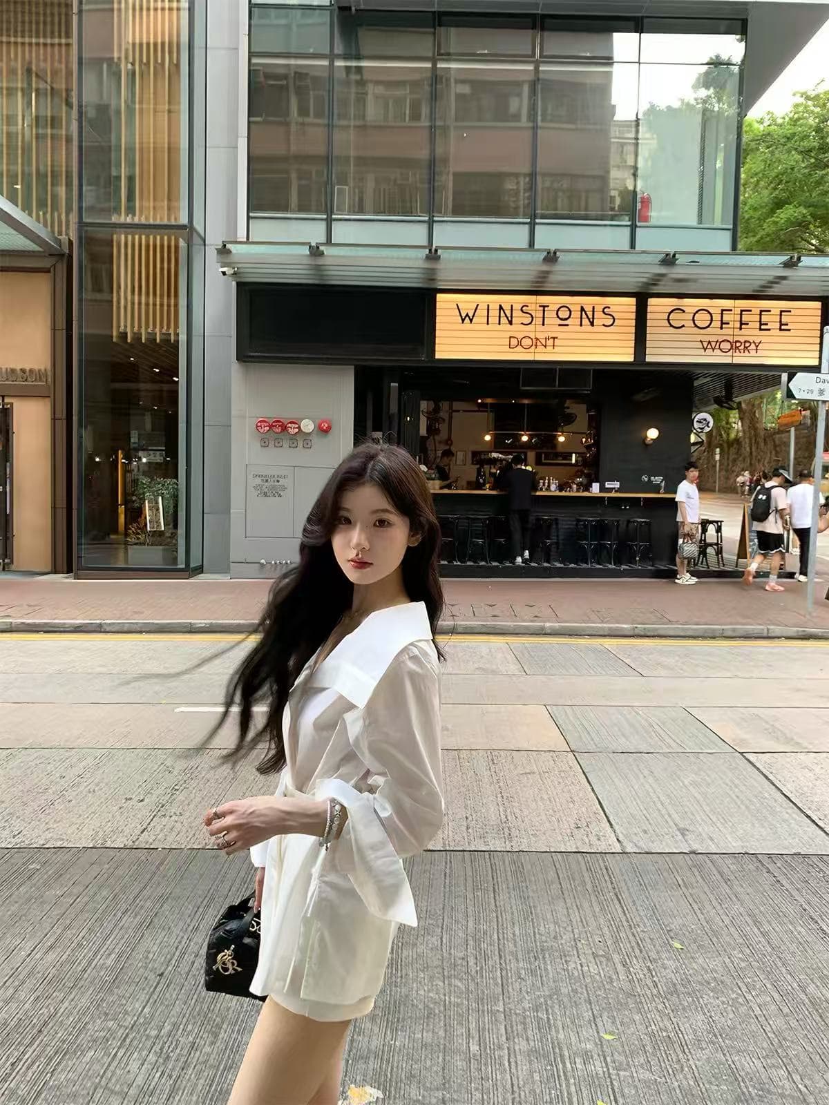 alex stevens 빅 칼라 셔츠 여성 드레스 여름 몸매 가꾸기 슬림해 보이는 V넥 긴팔 얇은 스타일 짧은 치마 상세 이미지 1