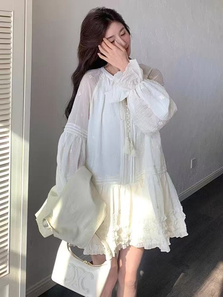 베이지 색 프랑스식 슈퍼 요정 긴팔 드레스 봄 가을 여름 고급 센스 슈퍼 잘 생긴 고유 한 작은 키 퍼프 스커트