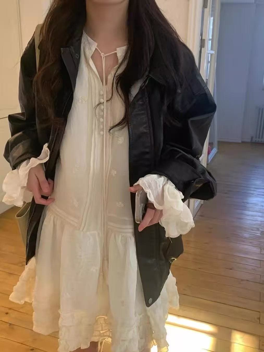 한국 chic 봄 새로운 달콤한 스타일 자수 자수 패치워크 프릴 작은 키 나팔 소매 여성 드레스 상세 이미지 2