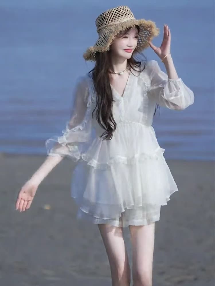 작은 키 착용 가져 가라. 전체 집합 여성 의류 2026 여름 새로운 고급 센스 캐주얼 V 넥 셔츠 반바지 투피스 세트 이미지 4
