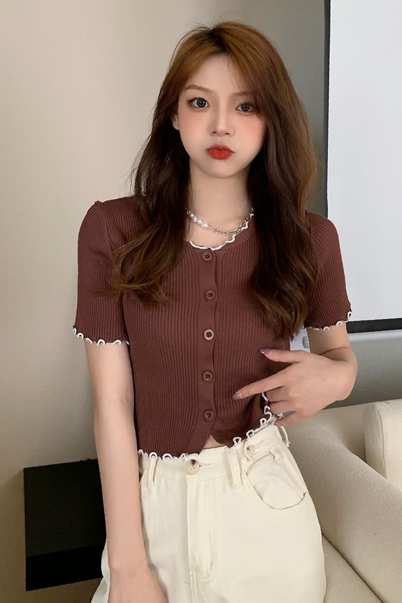 한국 스타일 일본식 프릴 반팔 니트 스웨터 프랑스식 레트로 구덩이 기사 얇은 스타일 오픈 가디건 스웨터 짧은 외투 맨위 이미지 6