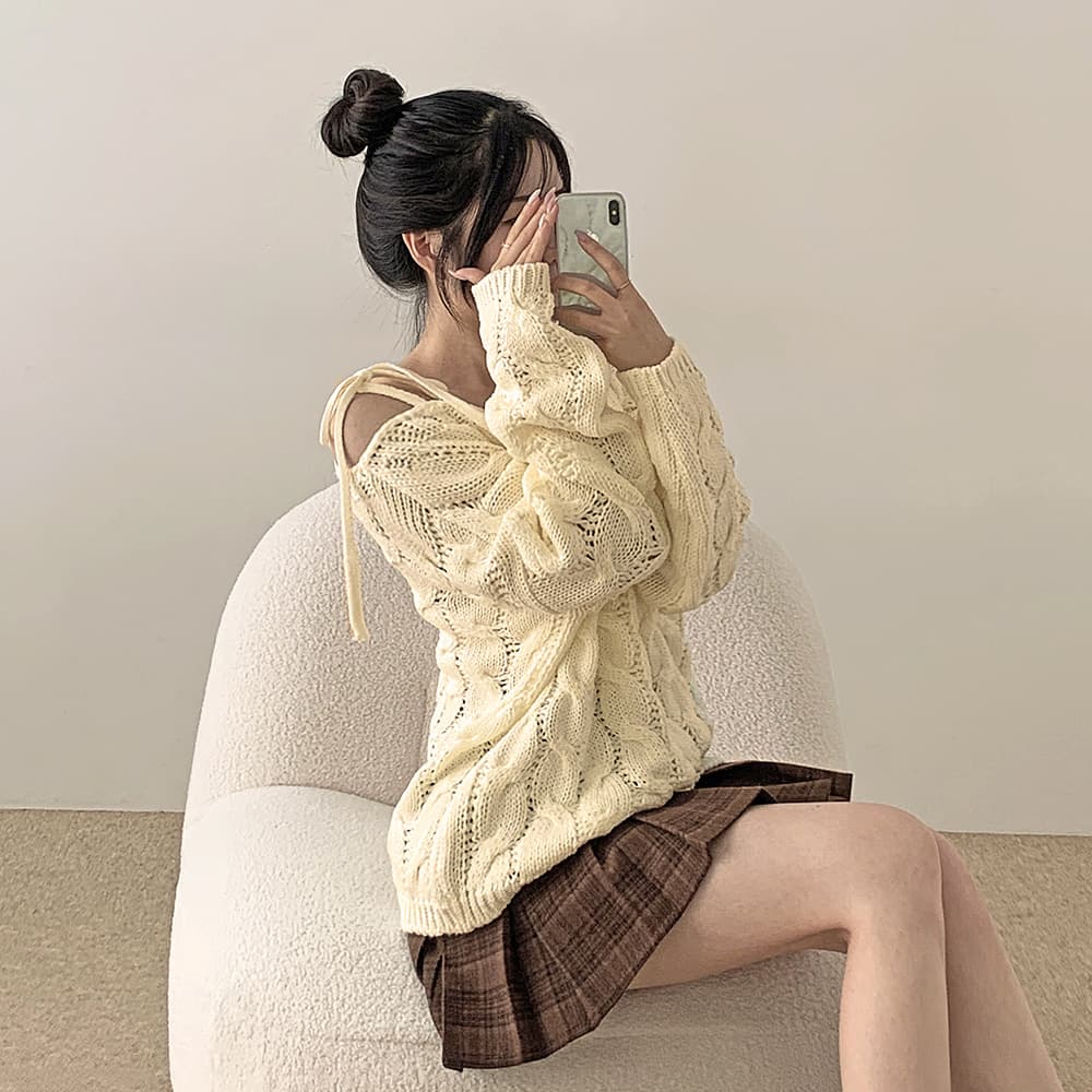실사 한국 스타일 스웨터 겨울 레이스업 나비 매듭 오프숄더 오프숄더 긴팔 니트 스웨터 꽈배기 루즈핏 맨위 이미지 2