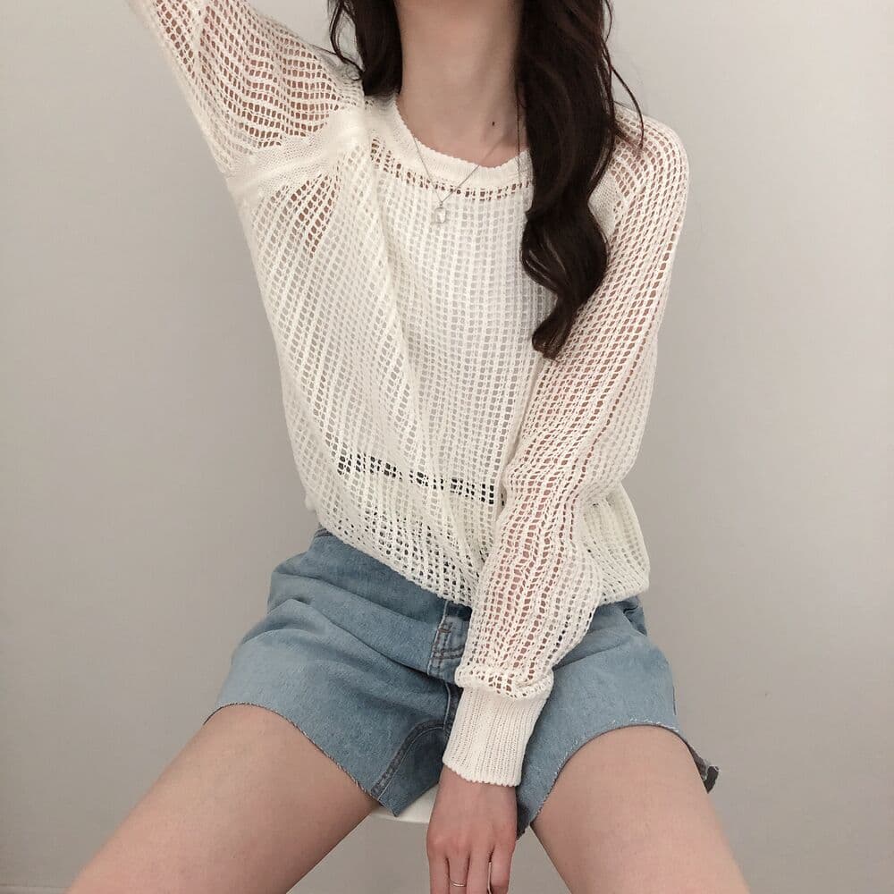 홀로우 아웃 블라우스 스웨터 느긋한 바람 마이크로 ~을 통해 섹시함 긴팔 얼음 실크 니트 스웨터 스웨터 단색 봄 가을 중간 길이 여성 이미지 4