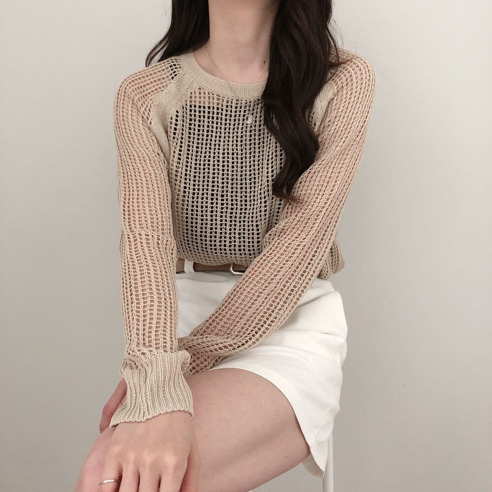 홀로우 아웃 블라우스 스웨터 느긋한 바람 마이크로 ~을 통해 섹시함 긴팔 얼음 실크 니트 스웨터 스웨터 단색 봄 가을 중간 길이 여성 이미지 3
