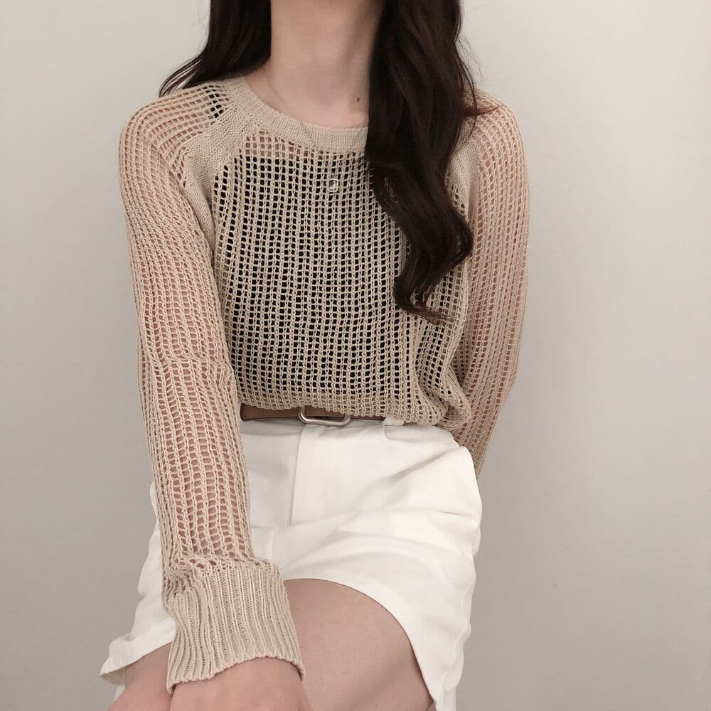 홀로우 아웃 블라우스 스웨터 느긋한 바람 마이크로 ~을 통해 섹시함 긴팔 얼음 실크 니트 스웨터 스웨터 단색 봄 가을 중간 길이 여성 상세 이미지 6