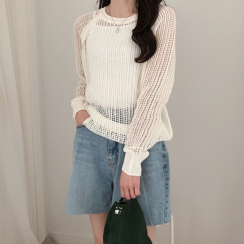 홀로우 아웃 블라우스 스웨터 느긋한 바람 마이크로 ~을 통해 섹시함 긴팔 얼음 실크 니트 스웨터 스웨터 단색 봄 가을 중간 길이 여성 상세 이미지 13