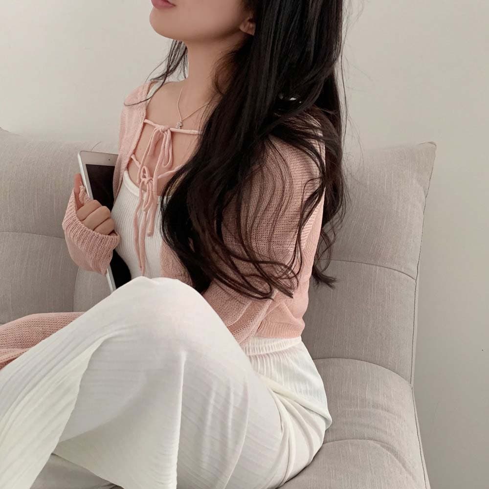 봄 가을 쇼트 스타일 스웨터 코트 숄 레이스업 한국 스타일 단색 니트 스웨터 펌프 로프 나비 매듭 긴팔 스웨터 여자 상세 이미지 15
