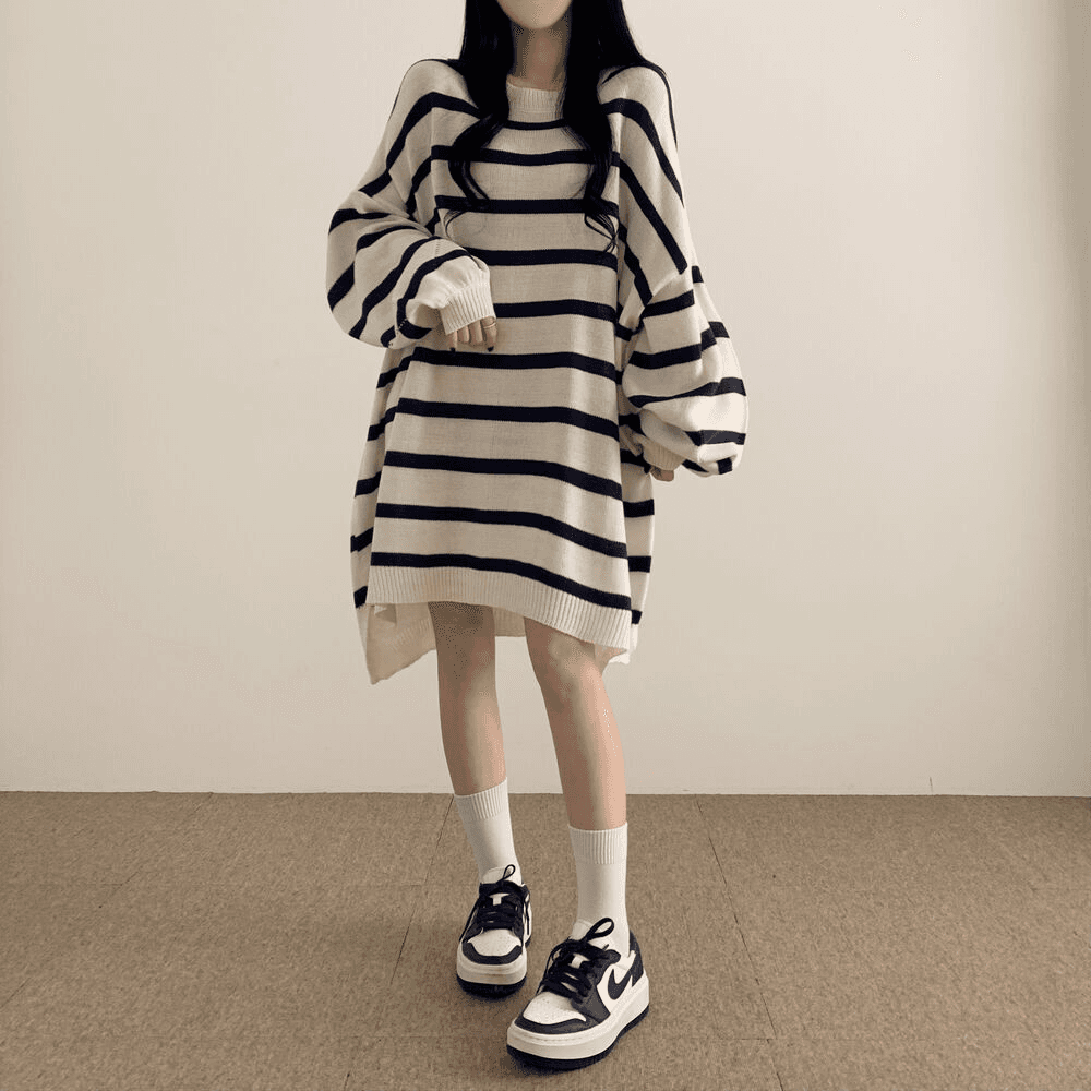 가을 겨울 한국 스타일 느긋한 바람 루즈핏 스트라이프 긴팔 스웨터 원피스 oversize 니트 스웨터 롱 스커트 여성 상세 이미지 2
