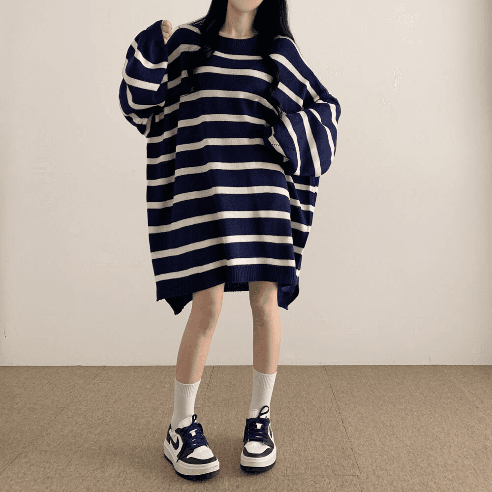가을 겨울 한국 스타일 느긋한 바람 루즈핏 스트라이프 긴팔 스웨터 원피스 oversize 니트 스웨터 롱 스커트 여성 상세 이미지 7