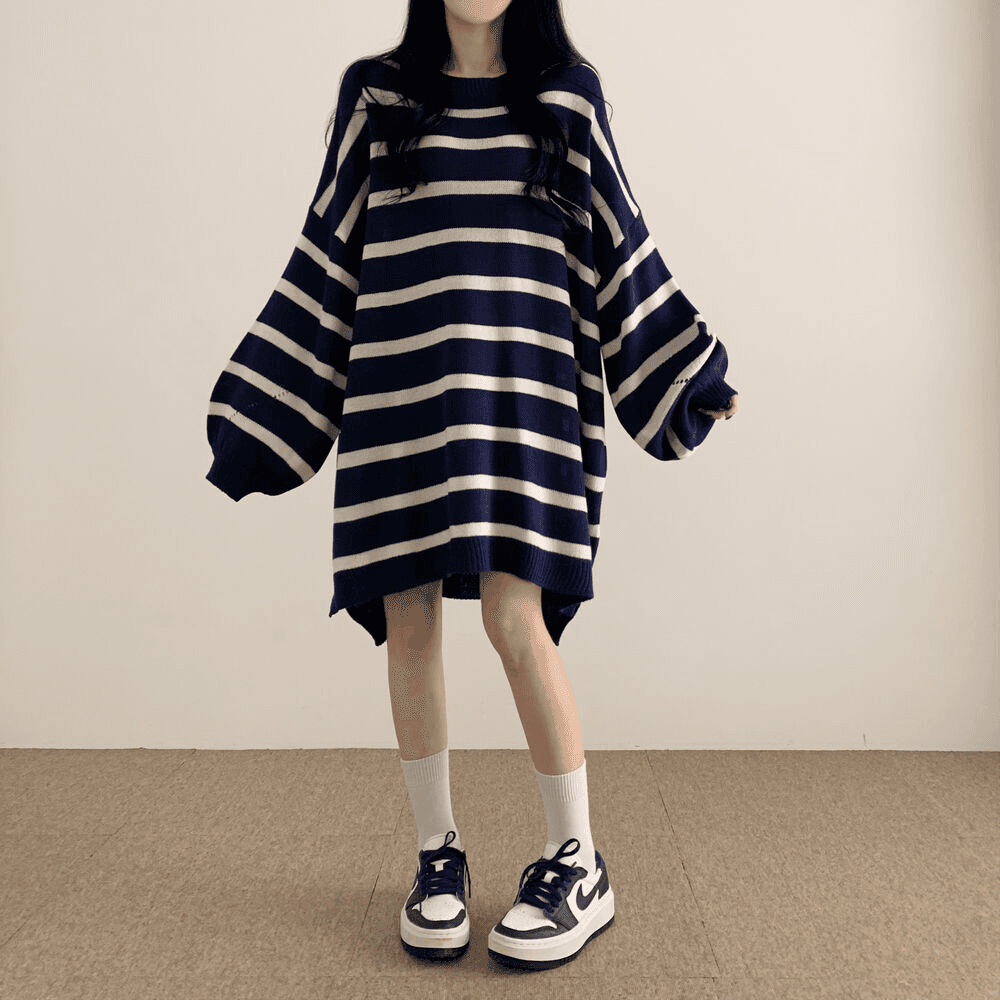 가을 겨울 한국 스타일 느긋한 바람 루즈핏 스트라이프 긴팔 스웨터 원피스 oversize 니트 스웨터 롱 스커트 여성 상세 이미지 9
