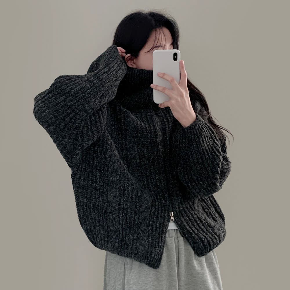 있음 선적 터틀넥 스웨터 느긋한 바람 한국 스타일 두꺼운 꽈배기 더블 머리 지퍼 긴팔 니트 오픈 가디건 스웨터 코트 이미지 3