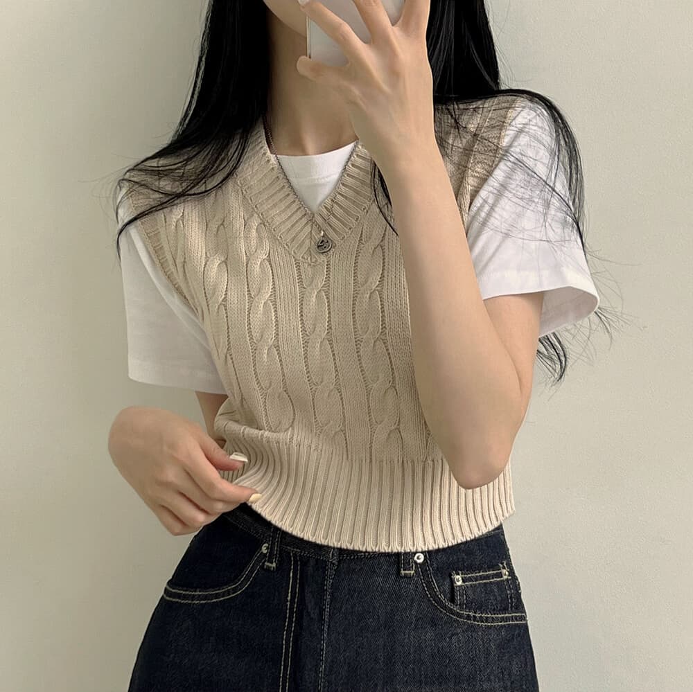 한국 스타일 베스트 조끼 스웨터 스택 착용 출퇴근 꽈배기 V넥 니트 조끼 학원 스타일 단색 풀오버 셔츠 민소매 상세 이미지 2