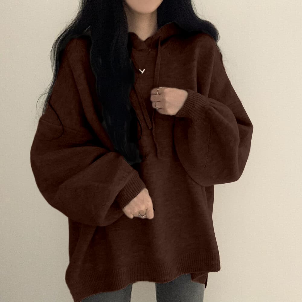 후드 중간 길이 스웨터 느긋한 바람 루즈핏 에디션 거품 소매 한국 스타일 풀오버 트임 후드티 니트 스웨터 맨위 상세 이미지 15