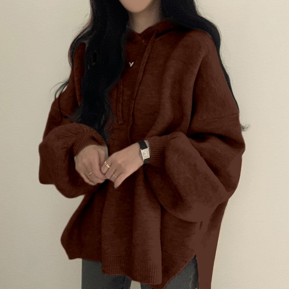 후드 중간 길이 스웨터 느긋한 바람 루즈핏 에디션 거품 소매 한국 스타일 풀오버 트임 후드티 니트 스웨터 맨위 상세 이미지 19
