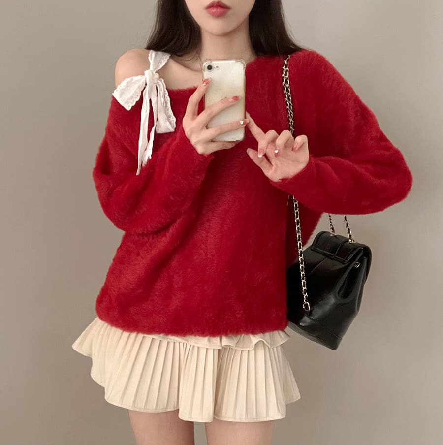 한국 스타일 새로운 수달 울 스웨터 레이스업 나비 매듭 단색 느긋한 바람 오프숄더 긴팔 풀오버 니트 스웨터 크리스마스 상세 이미지 2