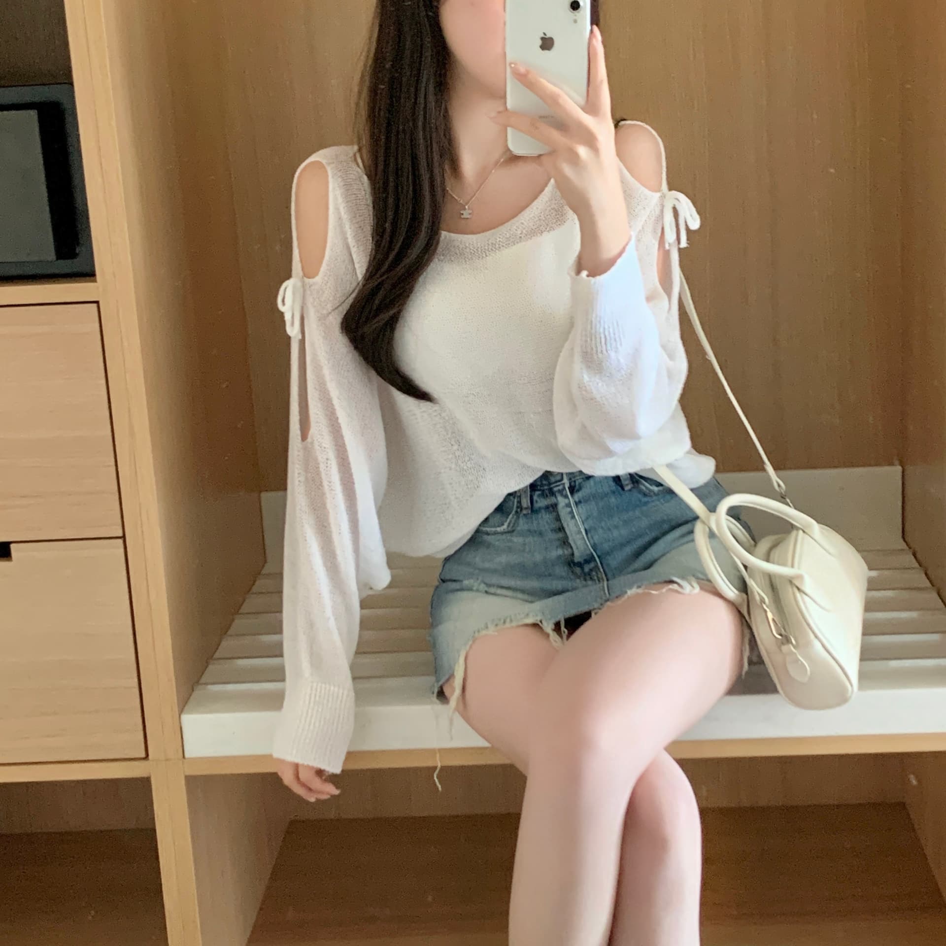 한국 스타일 얇은 스타일 마이크로 ~을 통해 오프숄더 나비 매듭 보트넥 얼음 실크 자외선 차단 풀오버 니트 스웨터 여성 짧은 풀오버 이미지 2