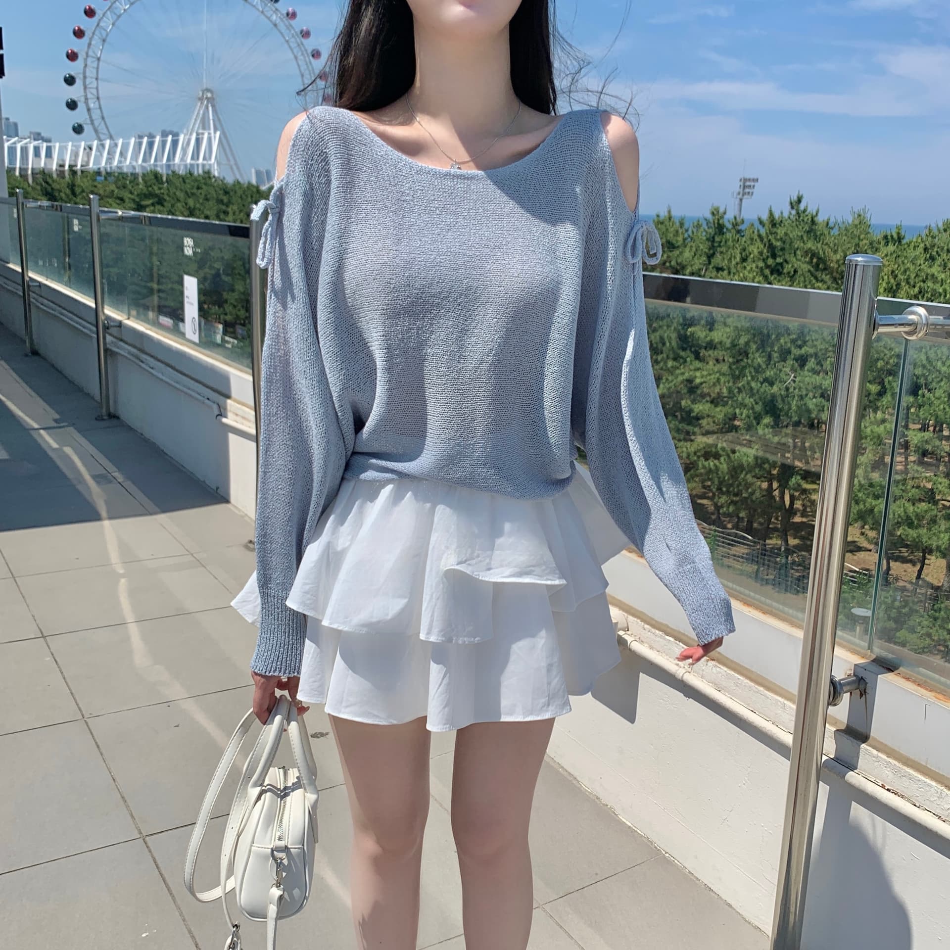 한국 스타일 얇은 스타일 마이크로 ~을 통해 오프숄더 나비 매듭 보트넥 얼음 실크 자외선 차단 풀오버 니트 스웨터 여성 짧은 풀오버 상세 이미지 1