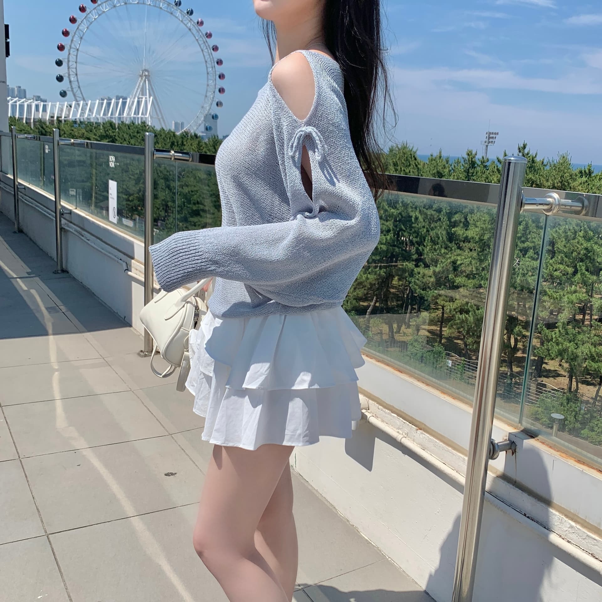 한국 스타일 얇은 스타일 마이크로 ~을 통해 오프숄더 나비 매듭 보트넥 얼음 실크 자외선 차단 풀오버 니트 스웨터 여성 짧은 풀오버 상세 이미지 2