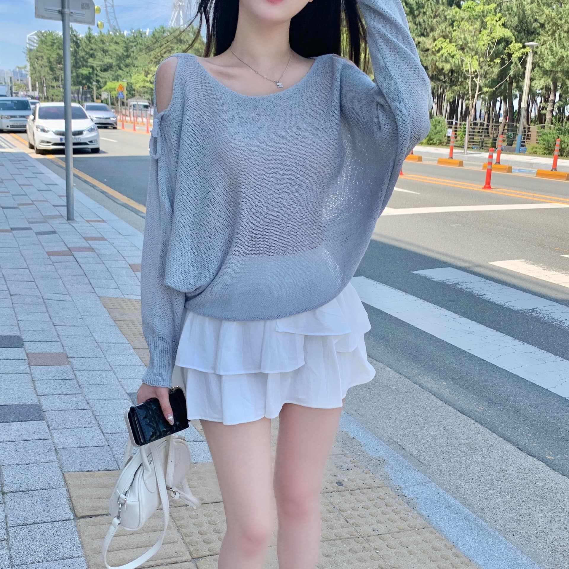 한국 스타일 얇은 스타일 마이크로 ~을 통해 오프숄더 나비 매듭 보트넥 얼음 실크 자외선 차단 풀오버 니트 스웨터 여성 짧은 풀오버 상세 이미지 6