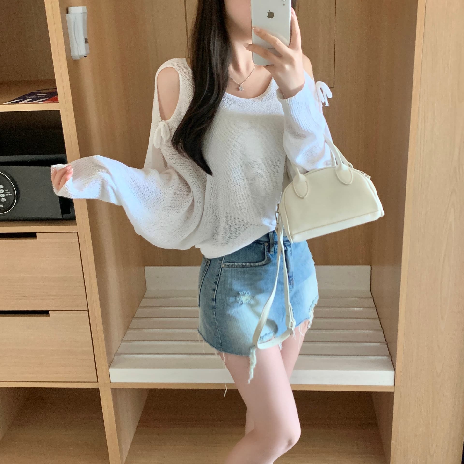 한국 스타일 얇은 스타일 마이크로 ~을 통해 오프숄더 나비 매듭 보트넥 얼음 실크 자외선 차단 풀오버 니트 스웨터 여성 짧은 풀오버 상세 이미지 16