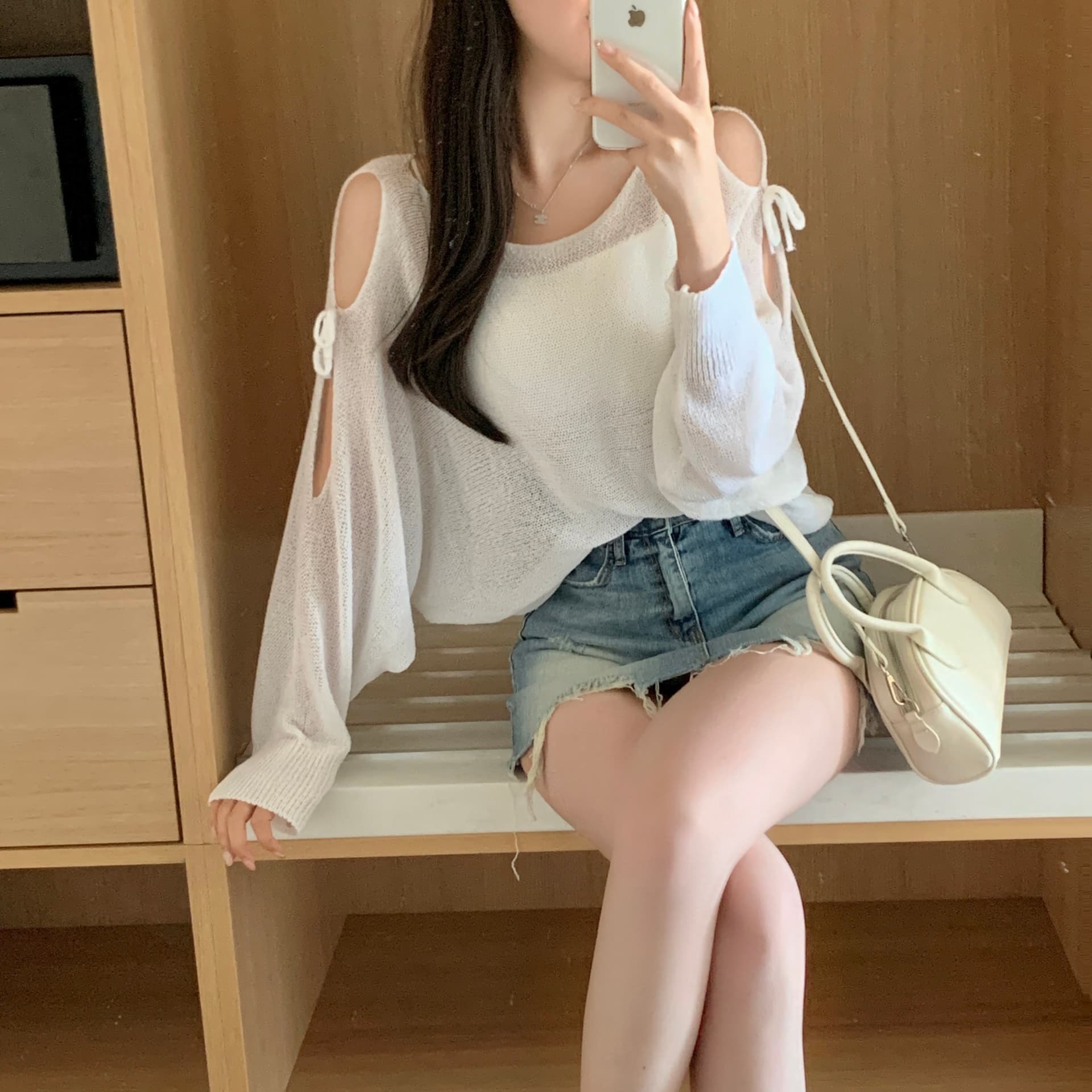 한국 스타일 얇은 스타일 마이크로 ~을 통해 오프숄더 나비 매듭 보트넥 얼음 실크 자외선 차단 풀오버 니트 스웨터 여성 짧은 풀오버 상세 이미지 19