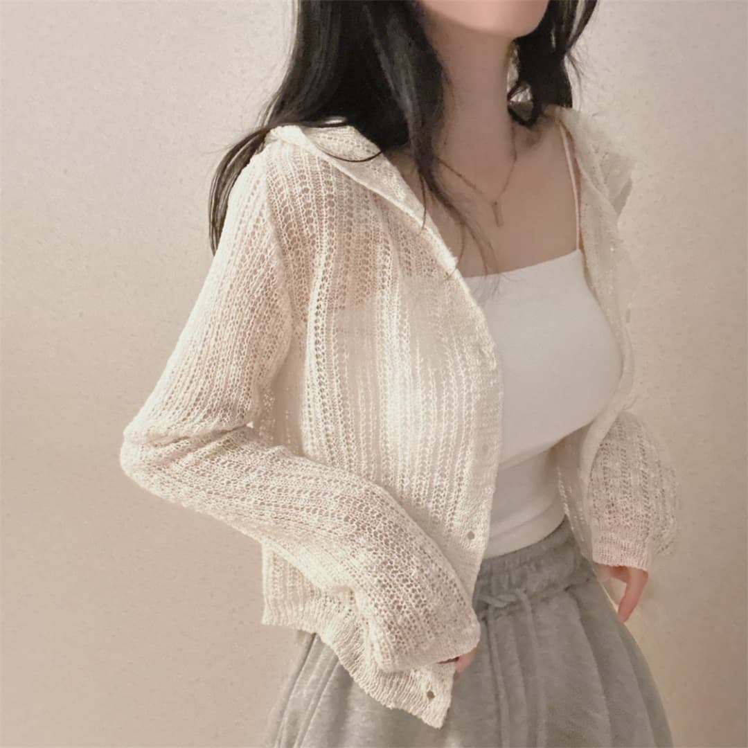 실사 봄 여름 얇은 스타일 한국 스타일 스웨터 코트 후드 긴팔 니트 오픈 가디건 몸매 가꾸기 품격 마이크로 ~을 통해 얼음 실크 블라우스 상세 이미지 3