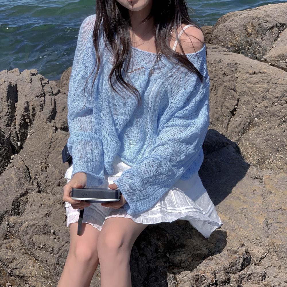 얇은 스타일 한국 스타일 니트 스웨터 홀로우 아웃 자외선 차단 블라우스 일본식 한 단어 오프숄더 얼음 실크 꽈배기 풀오버 긴팔 스웨터 여자 상세 이미지 9
