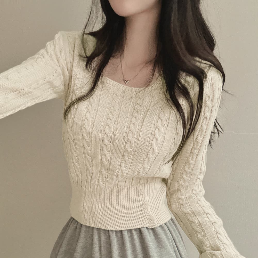 한국 스타일 스웨터 단색 꽈배기 광장 칼라 풀오버 셔츠 밑단 단추 허리 수축 트임 몸매 가꾸기 긴팔 니트 스웨터 여성 상세 이미지 1