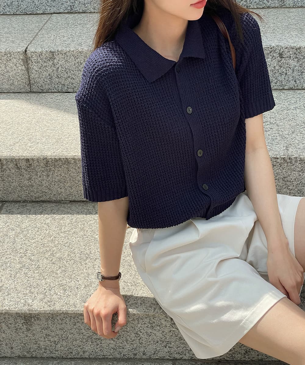 여름 한국 스타일 일본식 얼음 차가운 단색 루즈핏 폴로 칼라 후아 남편 그리드 오픈 가디건 반팔 니트 스웨터 맨위 여성 코트 상세 이미지 7