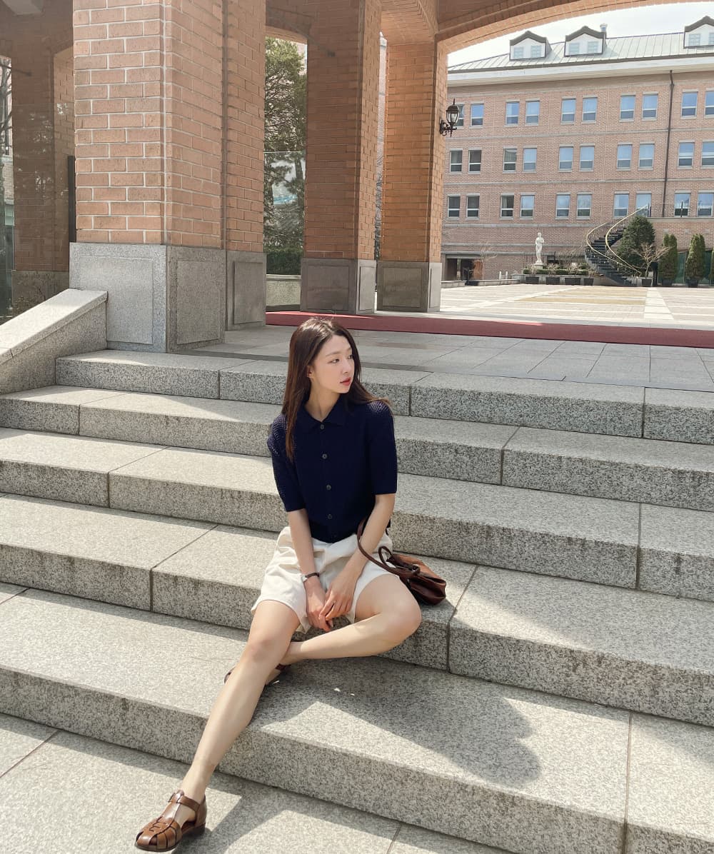여름 한국 스타일 일본식 얼음 차가운 단색 루즈핏 폴로 칼라 후아 남편 그리드 오픈 가디건 반팔 니트 스웨터 맨위 여성 코트 상세 이미지 9