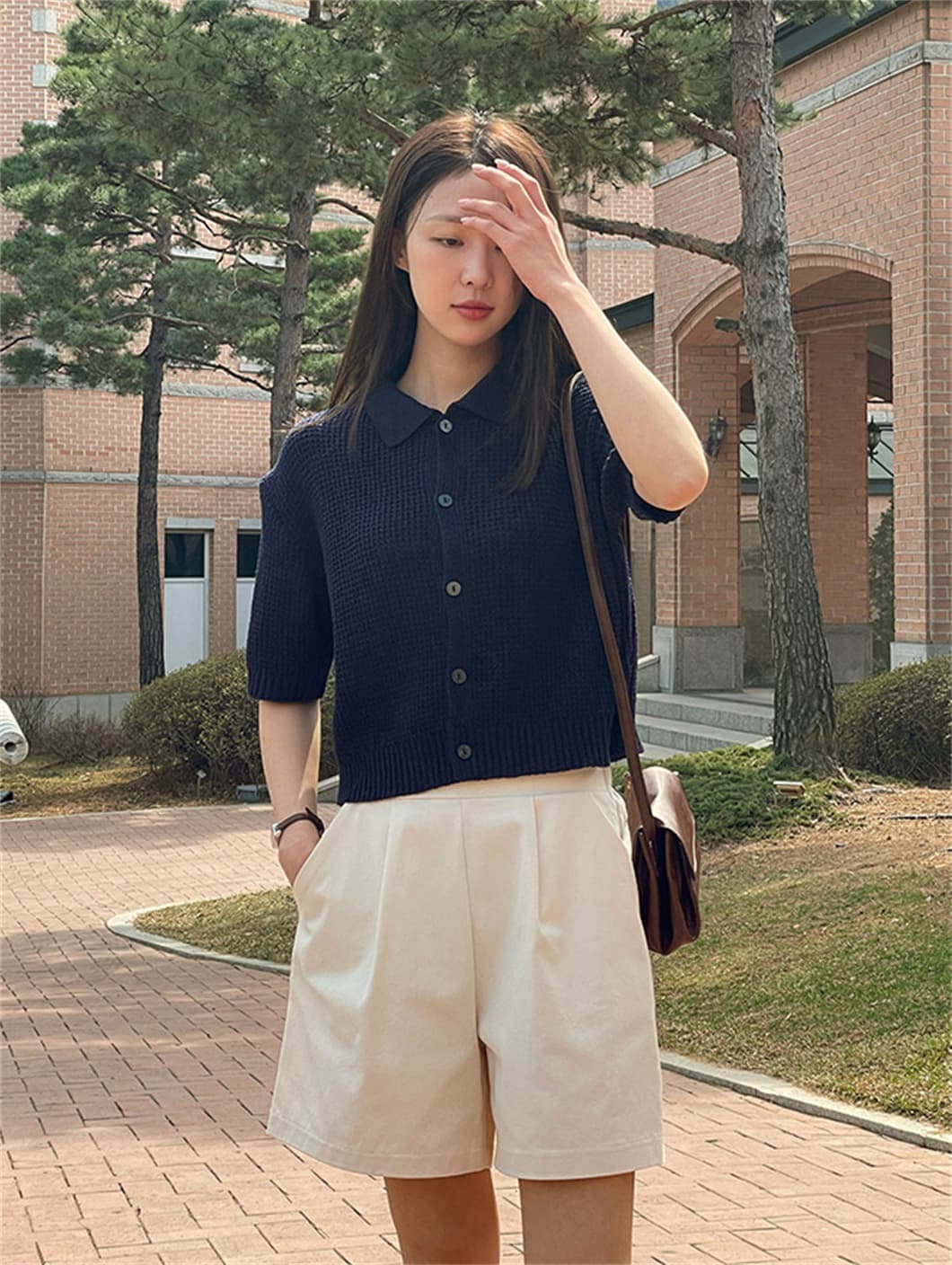 여름 한국 스타일 일본식 얼음 차가운 단색 루즈핏 폴로 칼라 후아 남편 그리드 오픈 가디건 반팔 니트 스웨터 맨위 여성 코트 상세 이미지 16