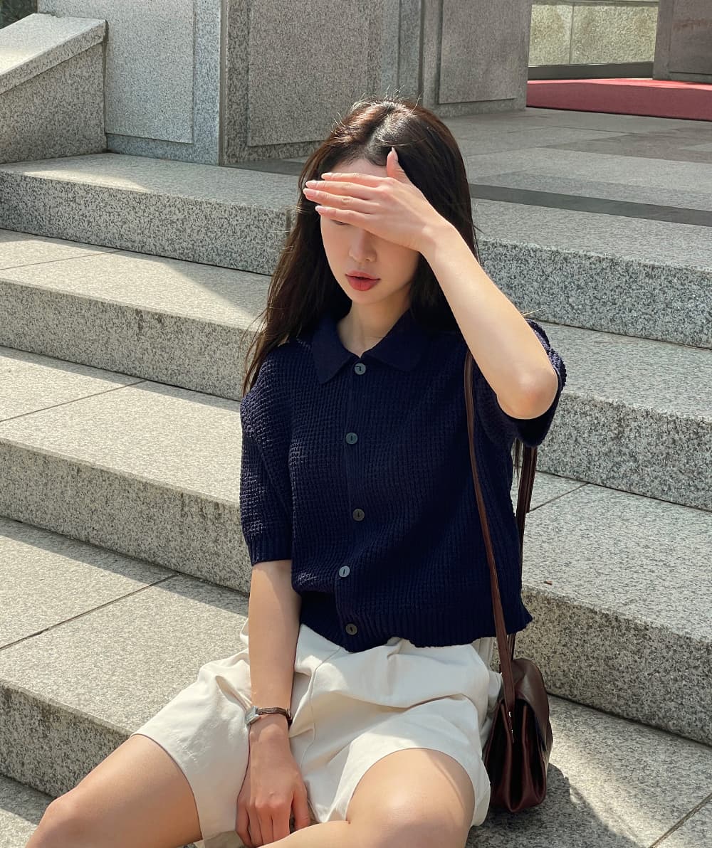 여름 한국 스타일 일본식 얼음 차가운 단색 루즈핏 폴로 칼라 후아 남편 그리드 오픈 가디건 반팔 니트 스웨터 맨위 여성 코트 상세 이미지 18