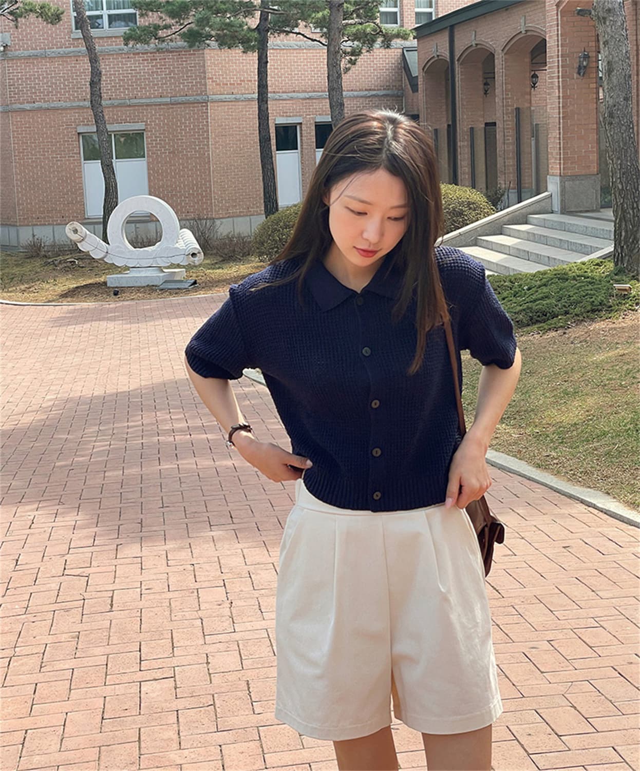 여름 한국 스타일 일본식 얼음 차가운 단색 루즈핏 폴로 칼라 후아 남편 그리드 오픈 가디건 반팔 니트 스웨터 맨위 여성 코트 상세 이미지 23