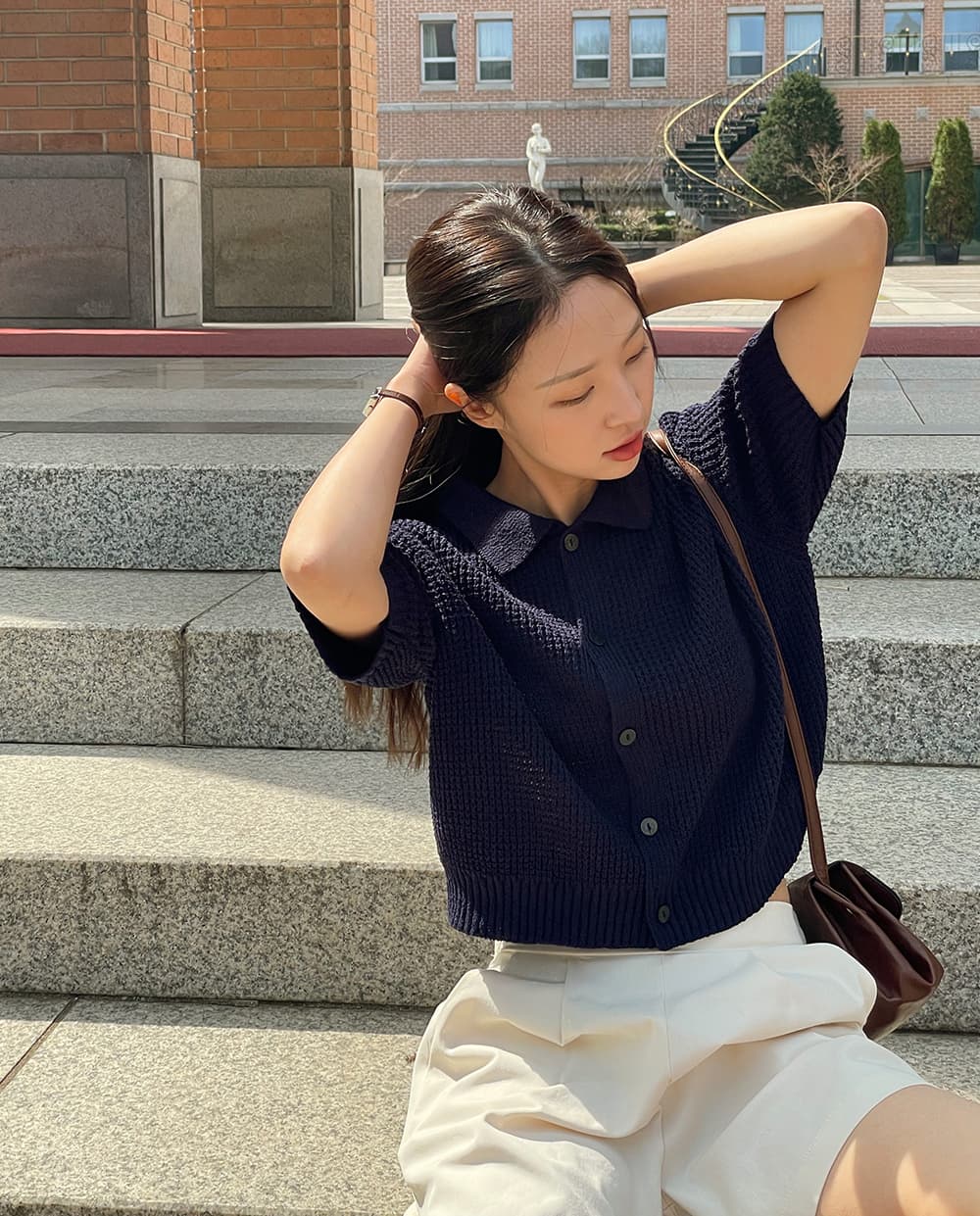 여름 한국 스타일 일본식 얼음 차가운 단색 루즈핏 폴로 칼라 후아 남편 그리드 오픈 가디건 반팔 니트 스웨터 맨위 여성 코트 상세 이미지 25