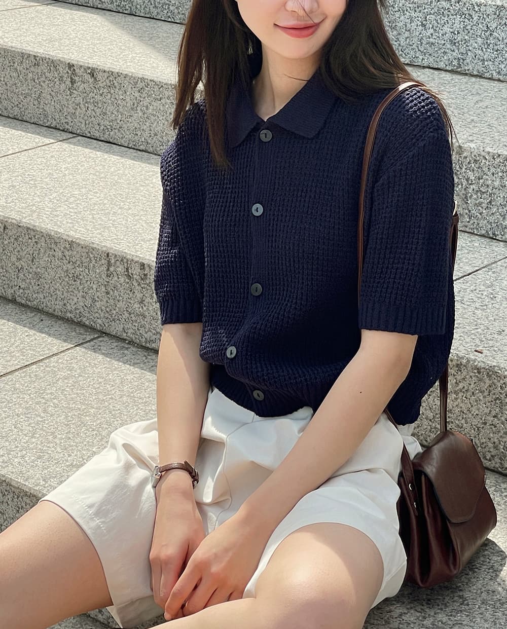 여름 한국 스타일 일본식 얼음 차가운 단색 루즈핏 폴로 칼라 후아 남편 그리드 오픈 가디건 반팔 니트 스웨터 맨위 여성 코트 상세 이미지 26