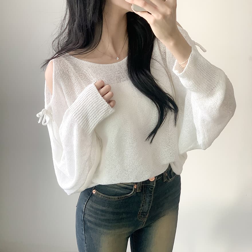 한국 스타일 일본식 얼음 실크 루즈핏 마이크로 ~을 통해 얇은 스타일 오프숄더 나비 매듭 오프숄더 긴팔 쇼트 스타일 니트 스웨터 스웨터 여자 상세 이미지 5