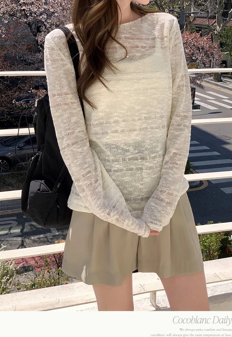 여름 새로운 한국 스타일 일본식 중간 길이 긴팔 홀로우 아웃 시간 오스트리아 모두 얼굴 얼음 실크 니트 풀오버 얇은 스타일 스웨터 여자 상세 이미지 14